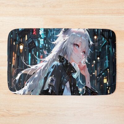 Prelude Lappland Cyberpunk Night Arknights Anime Girl City Street Bath Mat