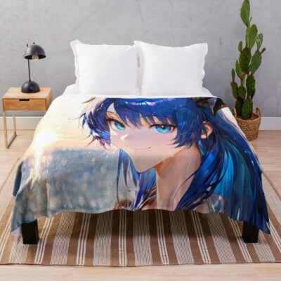 Prelude Mostima Arknights Beach Sunset Angelic Halo Dreamy Blue Throw Blanket