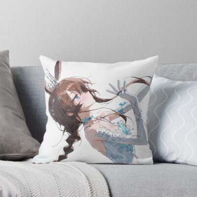 Amiya Arknights Prelude To Dawn Anime Girl Elegant White Gown Side View Throw Pillow